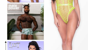 sample of display posters available by Magic Silk and Male Power. Shown are four images, one full length, of a women in a yellow star patterned mesh teddy, then three crops: one of a women in orange strappy lingerie on all fours, one of a man in a sheer prints pouch short with a line pouch, and the last of a women in black faux leather lingerie themed in a fetish design.