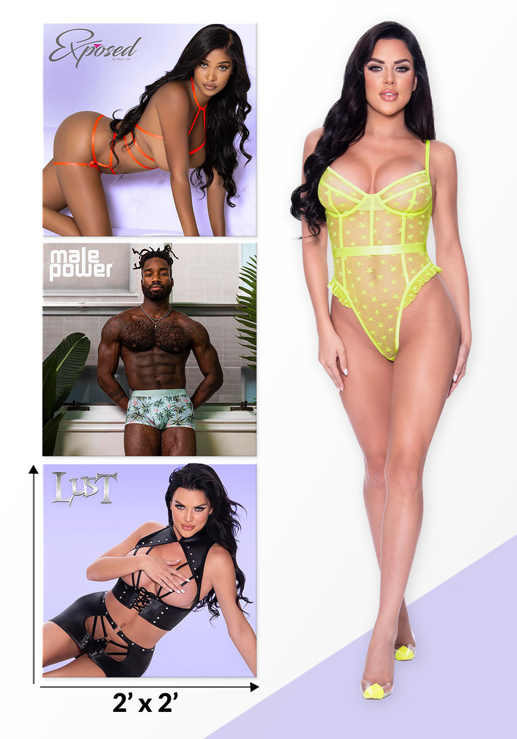 sample of display posters available by Magic Silk and Male Power. Shown are four images, one full length, of a women in a yellow star patterned mesh teddy, then three crops: one of a women in orange strappy lingerie on all fours, one of a man in a sheer prints pouch short with a line pouch, and the last of a women in black faux leather lingerie themed in a fetish design.